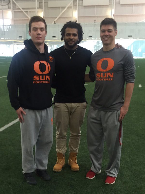 Dexter Janke poses with former Okanagan Sun teammates at the 2016 CFL regional combine in Edmonton.