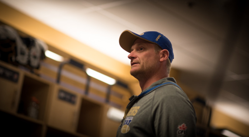 Winnipeg Blue Bombers head coach Mike O'Shea before the Banjo Bowl game against the Saskatchewan Roughriders at Investors Group Field in Winnipeg, MB. Saturday, September 12, 2015. (PHOTO: JOHANY JUTRAS)