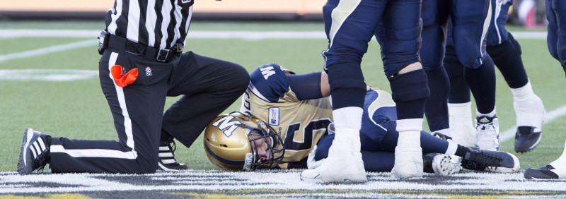 Winnipeg Blue Bombers' Drew Willy, centre, grimaces in pain while an official calls for help from the sideline during the second half of CFL football action in Hamilton, Ont., on Sunday, August 9, 2015. The Hamilton Tiger-Cats defeated the Winnipeg Blue Bombers 38-8. THE CANADIAN PRESS/Peter Power